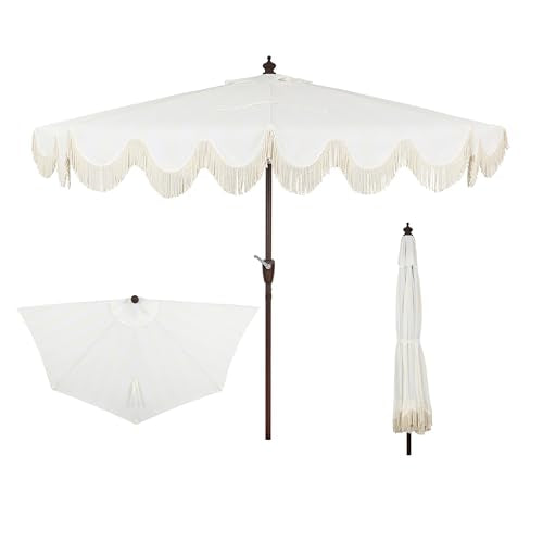 JONATHAN Y Half Umbrella UMB1201D Beverly 9 ft. Designer Classic Scalloped Fringe Market Patio with Crank, Push Button Tilt and UV Protection in Cream/White - color: Cream/White
