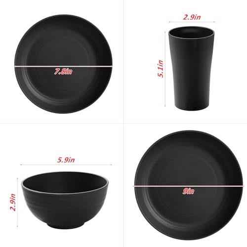 24 Piece Wheat Straw Dinnerware Sets of 6, Kitchen Plates and Bowls Sets, Unbreakable Plastic Dish Set for Camping, Dishwasher Microwave Safe, Kitchen and Dinning Essentials, Black - color: Black, size: 24piece Wheat Straw Dinnerware Sets