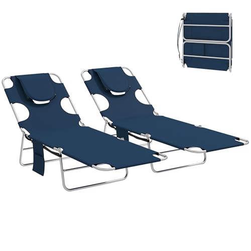 Outsunny Chaise Lounge Chair Outdoor Set of 2 with Face Arm Hole, 5-Position Reclining Face Down Tanning Chair with Carry Strap, Side Pocket, Portable Folding Bed Cot for Patio Beach Pool, Dark Blue - color: Dark Blue, size: 2 Pieces