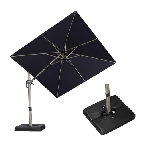 PURPLE LEAF 8' X 8' Left-right Tilting Patio Umbrella with Base Outdoor Swivel Cantilever Offset Aluminum Umbrella with Champagne Frame and 360-degree Rotation for Garden Deck Pool, Navy Blue - color: Navy Blue, size: 8' x 8'(Tilt)