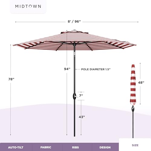 MIDTOWN UMBRELLAS The Lean 8 Feet Outdoor Umbrella With Terylast Red Stripes (Red/White Stripes) Polyester Fabric - 8 Ribs Aluminum Frame Patio Umbrella With Zinc Alloy Crank Lift And Auto-Tilt System - color: Terylast Fabric - Apple Stripes, size: 8 Foot
