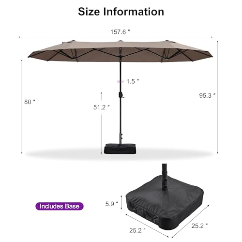 PURPLE LEAF 13ft Patio Market Umbrella with Base Double-Sided Rectangle Outdoor Table Sun Umbrellas with Crank 12 Heavy Duty Sturdy Ribs for Pool Beach Deck Backyard Taupe - color: Taupe, size: 13' X 7'