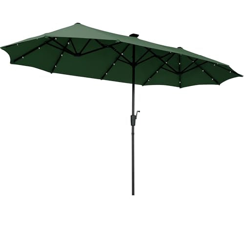 13Ft Large Patio Umbrella with Solar Lights Outdoor Double-Sided Market Table Umbrella Easy Crank for Yard, Poolside, Deck-Green - color: Green, size: 13FT Umbrella+Light