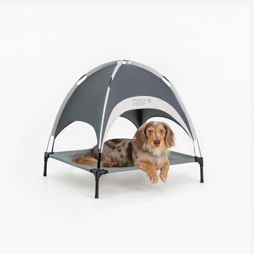 FUNNY FUZZY Elevated Cooling Dog Bed with Canopy(30"x24"x7") – Dog Cot Bed for Small,Medium Dogs with UV Shade, Breathable Mesh for Cooling, Indoor & Outdoor Use for Dogs up to 120 lbs - color: Grey, size: Medium