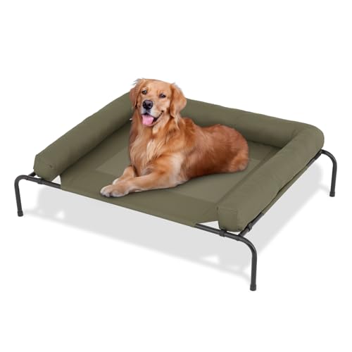 MoNiBloom Outdoor Elevated Dog Bed w/Removable Bolster, Portable Raised Outdoor Dog Bed with Stable Anti-Slip Feet & Breathable Mesh, 48 Inches Length, Dark Green - color: Dark Green, size: 48"L