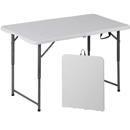 SUPER DEAL Portable 4 Foot Plastic Folding Table, Indoor Outdoor Heavy Duty Fold-in-Half Picnic Party Camping Barbecues Table with Carrying Handle, White - size: 4 FT