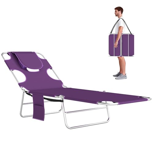 Outsunny Chaise Lounge Chair Outdoor with Face Arm Hole, 5-Position Reclining Face Down Tanning Chair with Carry Strap, Side Pocket, Portable Folding Bed Cot for Patio Beach Pool, Purple - color: Purple, size: 1 Piece