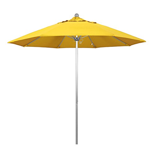 California Umbrella 9' Round Aluminum/Fiberglass Umbrella, Push Open, Silver Pole, Olefin Lemon Fabric - color: Lemon