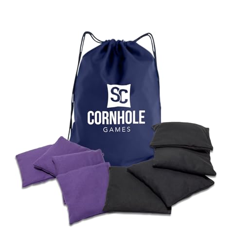 Weather Resistant Cornhole Bags (Set of 8) with Heavy Duty Tote - Professional Regulation 16oz Size & Weight - color: Purple/Black