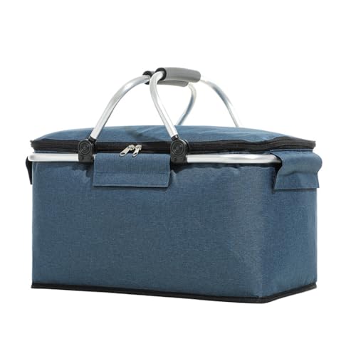 Large Picnic Basket, Insulated Beach Bag Cooler Reusable with Zippered Top & Handles Reusable Folding Grocery Basket Insulated Cooler Bag for Picnic Travel - color: Navy Blue