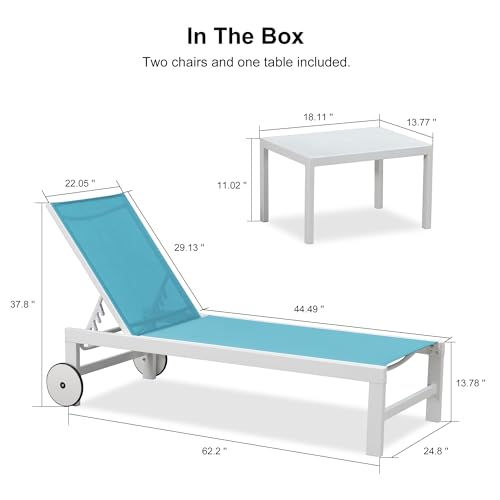 PURPLE LEAF Outdoor Lounge Chairs Set of 2 White Aluminum Chaise Lounge Chair Five-Position Adjustable Chaise Lounges with Wheels and Table for Pool Deck Patio, Turquoise - color: Turquoise, style: Standard Straight-leg