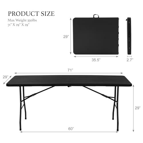 AJP Distributors 6 Foot Portable Plastic Folding Table 6FT 72" Half Foldable Heavy Duty Top w/Carry Handle - Indoor Outdoor Camping Picnic Party Wedding Dining Office Event Meeting Black Wood Style - color: Black Wood Style, size: 6 Foot
