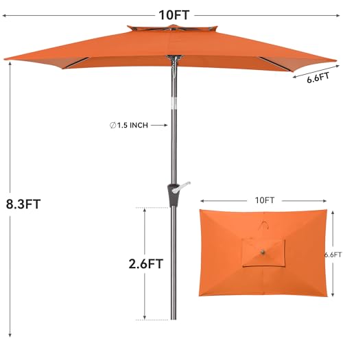 6.6 x 10 ft Rectangular Patio Umbrella, Outdoor Market Table Umbrella with Push Button Tilt and Crank, Double-Tier Vent, 6 Ribs, Rectangle Patio Umbrella for Backyard, Deck, Pool, Fits 4–6 Chairs and Tables (Orange) - color: Orange