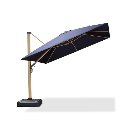 PURPLE LEAF 10FT Patio Umbrella Square Cantilever Umbrella Teak Finished Aluminum Frame Large Windproof Offset Outdoor Sun Umbrellas for Beach Pool Deck, Navy Blue - color: Navy Blue / Umbrella Only, size: 10' X 10'