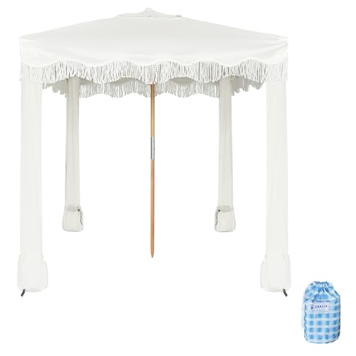 AMMSUN Beach Cabana with Beach Blanket, 7' x 7' Boho Canopy with Tassels, Premium Wood Pole, Fringe Cabana Tent with Sand Pockets, Instant Sun Shade for Sand, Garden, Outdoor, Elegant White - color: Elegant White with Beach Blanket