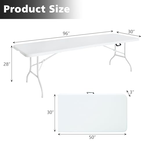 Portable 8Ft Folding Table, Heavy Duty Plastic Fold-in-Half Utility Foldable Dining Table, Multi-Purpose Plastic Folding Table with Carrying Handle for Camping and Party Indoor/Outdoor (White) - color: White, size: 8Ft