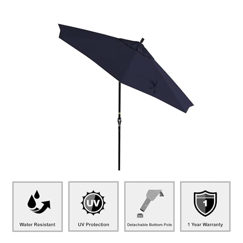 California Umbrella 9' Round Aluminum Market Umbrella, Crank Lift, Push Button Tilt, Black Pole, Navy Blue Olefin - color: Navy Blue