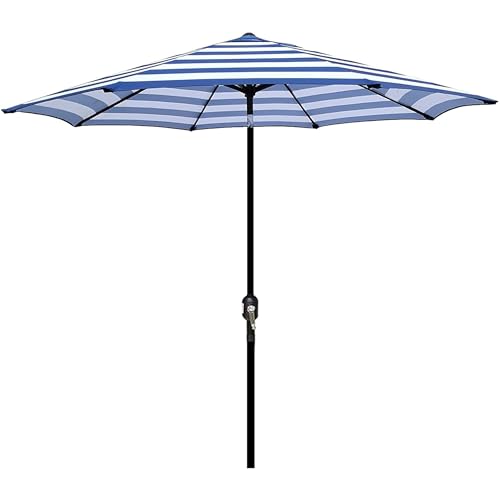 Blissun 9' Outdoor Patio Umbrella, Outdoor Table Umbrella, Yard Umbrella, Market Umbrella with 8 Sturdy Ribs, Push Button Tilt and Crank - color: Blue & White Stripe