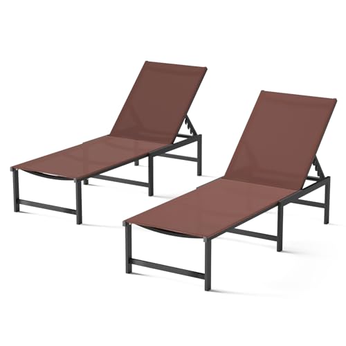Chaise Lounge Chair Outdoor,Aluminum Patio Lounge Chairs Set of 2,Pool Lounge Chairs with 5 Adjustable Backrest for Outside Beach Lawn and Backyard Brown - color: Brown, size: 2 Chairs