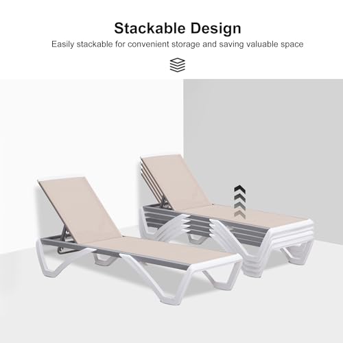 PURPLE LEAF Patio Chaise Lounge Chair Set Outside Aluminum Plastic Stackable Tanning Chairs with Side Table for Pool Sunbathing Beach Deck Outdoor Lounger, Khaki - color: Khaki, style: 1 chair + 1 table