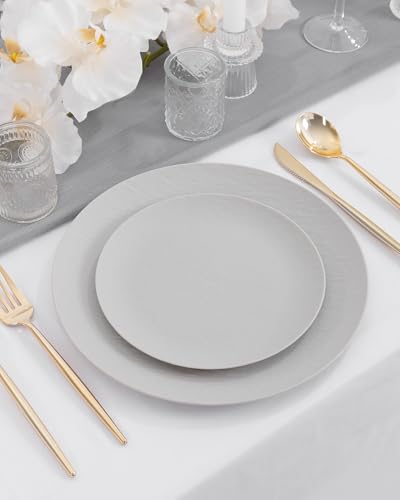 WONDERFUL 32pcs Light Grey Plastic Plates Reusable Unbreakable & Dishwasher safe Dishes Set Outdoor Plates Includes:16 Dinner 10" and 16 Dessert Plate 7.3" Ideal for BBQ Camping Outdoor Party - color: Light Drey