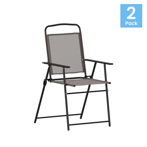 Flash Furniture Mystic Folding Patio Sling Chairs, Outdoor Textilene Lawn Chairs with Armrests, Set of 2, Brown - color: Brown