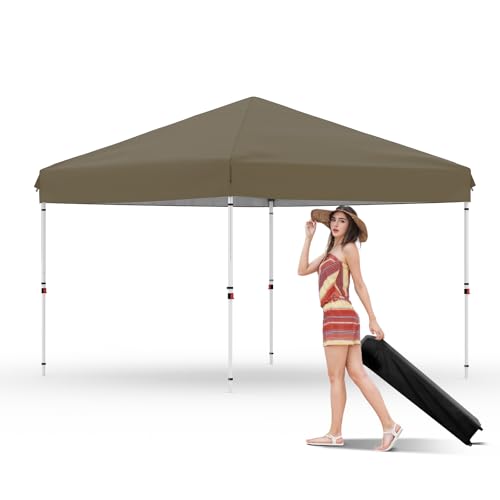GarveeLife 10x10 Pop Up Canopy with One Button Push Setup - Heavy Duty Outdoor Canopy Tent with Portable Roller Bag - 3 Adjustable Height, 4 Weight Bags, 8 Stakes & 4 Guy Ropes Included, Brown - color: Brown
