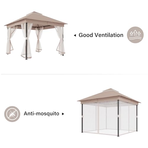 LAUSAINT HOME 10' X 10' Waterproof Patio Gazebo with Mosquito Netting, Double Roof Outdoor Gazebo Pavilion Shelter for Backyard, Garden, Lawn, Wedding (Khaki) - color: Khaki, size: 10'x10' w/o curtains