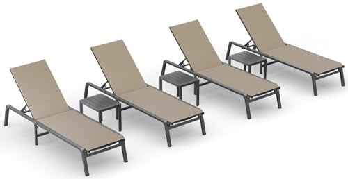 Ciokea Aluminum Foldable Lounge Chairs Set of 4 with 3 Outdoor Aluminum Side Table, Perfect Match, Suitable for Courtyard, Balcony, Lawn and Other Scenes, Khaki - color: Khaki, size: 4 Chairs + 3 Side Tables (7pcs)