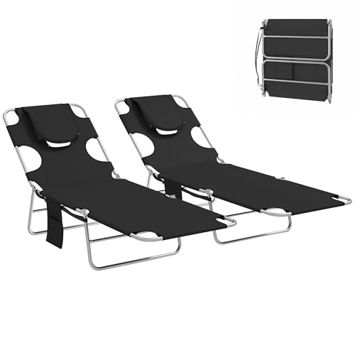 Outsunny Chaise Lounge Chair Outdoor Set of 2 with Face Arm Hole, 5-Position Reclining Face Down Tanning Chair with Carry Strap, Side Pocket, Portable Folding Bed Cot for Patio Beach Pool, Black - color: Black, size: 2 Pieces