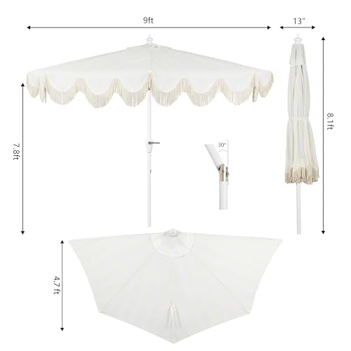 JONATHAN Y Half Umbrella UMB1201K Beverly 9 ft. Designer Classic Scalloped Fringe Market Patio with Crank, Tilt Button and UV Protection in Cream/White, White Pole - color: Cream/White - White Pole