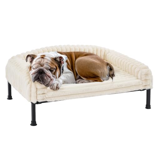 Veehoo Elevated Dog Bed with Bolster Cushion, Fluffy Plush Dog Couch Beds for Small Dogs, Cats, Washable Raised Pet Cot with Non-Slip Feet for Indoor or Patios Use, 36 x 28 Inches, White - color: White, size: 36.0"L x 28.0"W x 8.3"Th