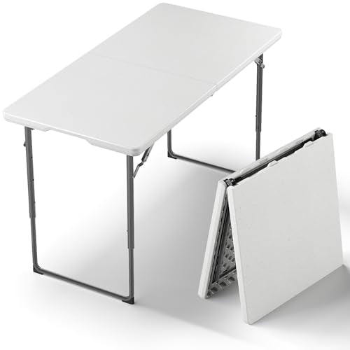 Folding Table, 4FT Foldable Picnic Table with Adjustable Height, Heavy Duty Fold-in-Half Portable Table for Weddings, Camping, RV Travel, Parties, BBQs, and Indoor Use, Easy to Fold and Store - color: White, size: 4FT
