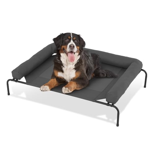 MoNiBloom Outdoor Elevated Dog Bed w/Removable Bolster, Portable Raised Outdoor Dog Bed with Stable Anti-Slip Feet & Breathable Mesh, 55 Inches Length, Dark Gray - color: Dark Gray, size: 55"L
