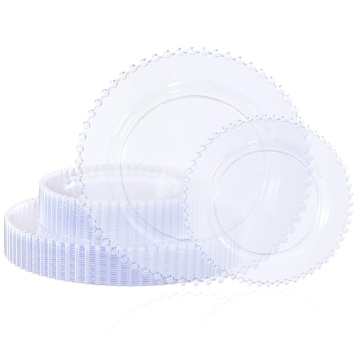 U-QE 60PCS Clear Plastic Plates - Fancy Beaded Plates Disposable Heavy Duty - Premium Hard Plastic Plate for Party, Wedding & Birthday Including 30 Dinner10 & 30 Dessert Plate 7" - color: Clear