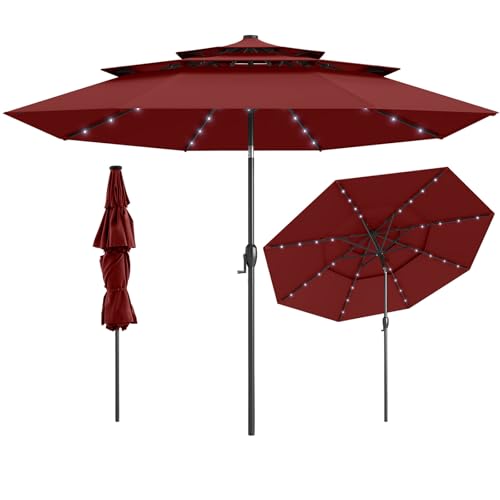 Tangkula 10 FT Solar LED Patio Umbrella, 3-Tier Vented Outdoor Market Table Umbrella with 32 LED Lights, Tilt Adjustment, Crank Handle, 8 Ribs for Backyard Pool Deck (Wine) - color: Wine
