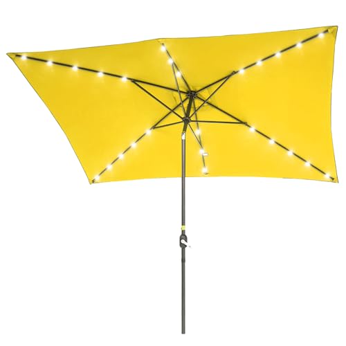 Rectangle Patio Umbrella with Solar Lights, 10 x 6.5ft Rectangular Outdoor Umbrella Table Market Patio Umbrella with Push Button Tilt and Crank for Garden, Deck, Backyard, Pool - color: Yellow