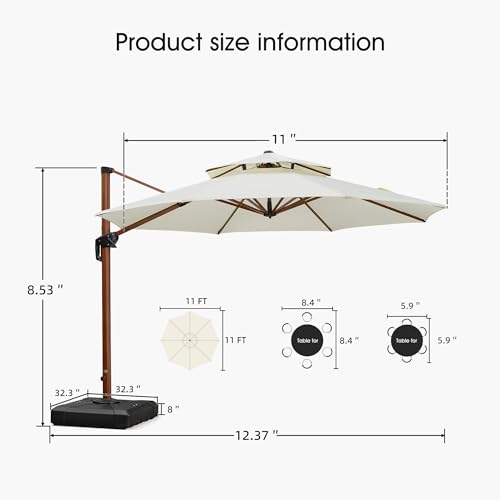 PURPLE LEAF Large 11ft Cream Cantilever Umbrella with Base, Windproof, UV Resistant Fabric - color: Cream, size: 11 Feet, style: Base Included