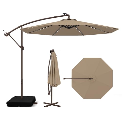 Tangkula 10FT Offset Patio Umbrella with Base Included, Outdoor Cantilever Umbrella with 40 Solar LED Lights, Tilt Adjustment, Crank Handle, Vented Top, Sand Bags for Pool Yard Deck (Tan) - color: Tan