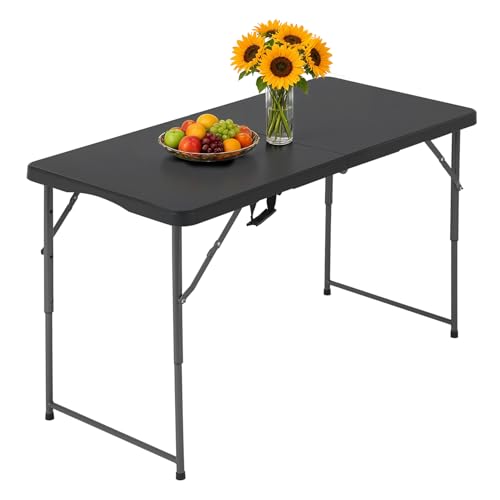 PayLessHere | 4FT Folding Table | Portable Plastic Table with Carry Handle | Waterproof & Foldable Table Design | Steel Frame with Lock | Black | for Events, Camping, Indoor & Outdoor Use - color: Black, size: 4 FT
