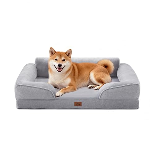 Orthopedic Dog Beds for Large Sized Dogs, Waterproof Egg-Crate Foam Pet Couch Bed with Soft Side, Non-Slip Dog Sofa with Flannel Removable Washable Cover, 35"L Supportive Pet Sofa, Light Grey - color: Light Grey, size: 35"L x 25"W x 9.5"Th
