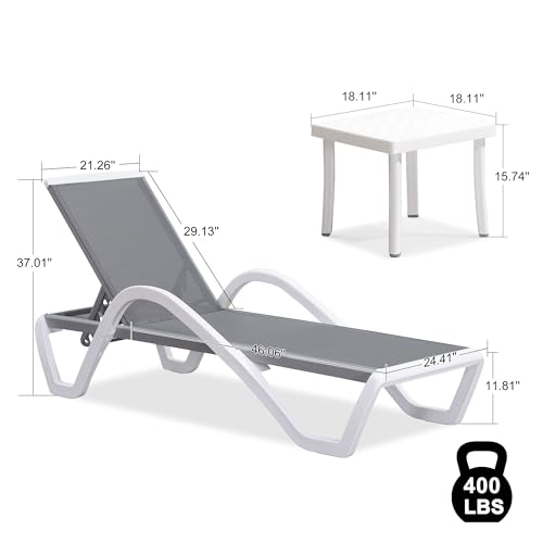 PURPLE LEAF Patio Chaise Lounge Chair Set of 3 Outside Aluminum Plastic Stackable Tanning Chairs with Armrests and Side Table for Pool Sunbathing Beach Deck Outdoor Lounger, Grey - color: Grey, style: 2 chairs(w/Arms) + 1 table