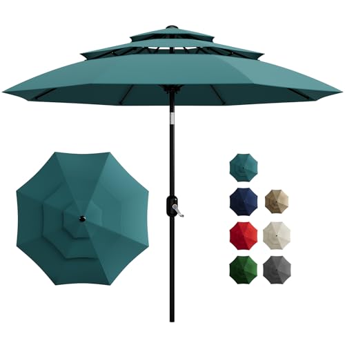 Garvee 10Ft 3-Tier Patio Umbrella, Outdoor Table Umbrella with Vents, Easy Crank and Push Button Tilt, Market Umbrella with 8 Sturdy Ribs for Pool, Deck, Yard, Garden -Turquoise - color: Turquoise, size: 10FT