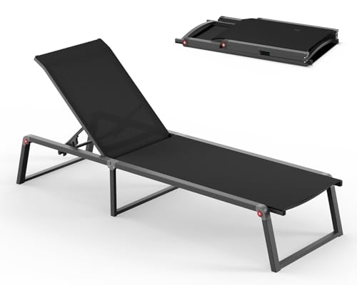 Aluminum Chaise Lounge Chair Outdoor, Foldable& No Assembly Patio Pool Lounge Chairs 5-Position Recliner for Outside, Fully Grounded Legs Sun Lounger for Poolside, Black - color: Black, size: 1