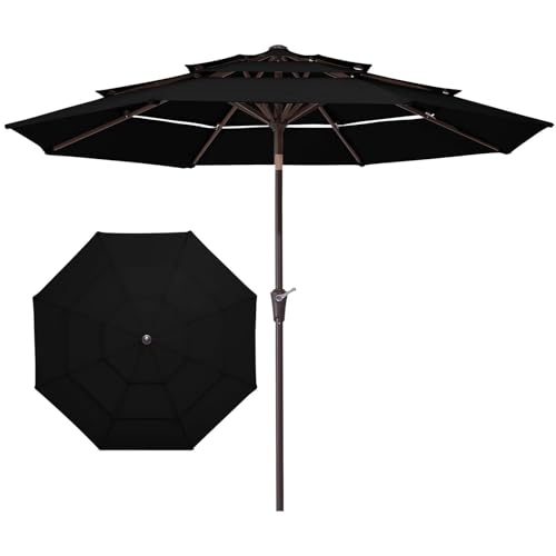 JEAREY 9FT 3 Tier Patio Umbrella Outdoor Market Umbrella Table Umbrellas with 8 Ribs 1.5 Pole Push Button Tilt and Crank UV Protection for Garden,Black - color: Black