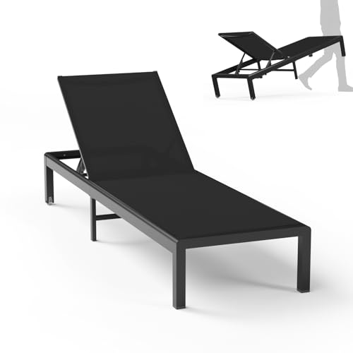 Aluminum Lounge Chairs Outdoor Chaise Furniture,2 Sets Patio Metal Deck Lounger Adjustable 5-Position Poolside Chase Recliner with Wheels for Beach,Coffee Table, (Black, 1 Chair) - color: Black, size: 1 Chair