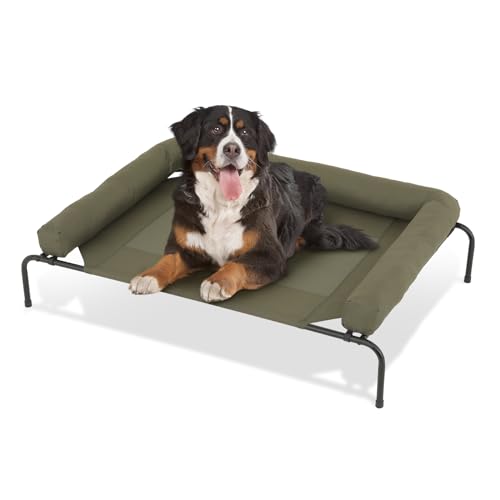 MoNiBloom Outdoor Elevated Dog Bed w/Removable Bolster, Portable Raised Outdoor Dog Bed with Stable Anti-Slip Feet & Breathable Mesh, 55 Inches Length, Dark Green - color: Dark Green, size: 55"L