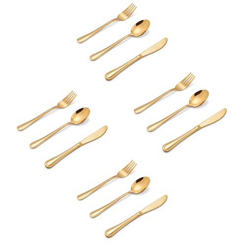 LIANYU 12-Piece Gold Kids Silverware Set, Stainless Steel Toddler Utensils Flatware Set, Child Cutlery Tableware for 4, Include Knife Fork Spoon, Mirror Finished, Dishwasher Safe - color: Gold