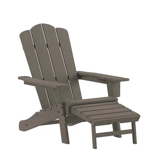Flash Furniture Newport Poly Resin Adirondack Chair with Cup Holder and Pull Out Ottoman, All-Weather Poly Resin Indoor/Outdoor Lounge Chair, Brown - color: Brown, size: 47.25" - 33.25"dx33.75"wx35.75"h