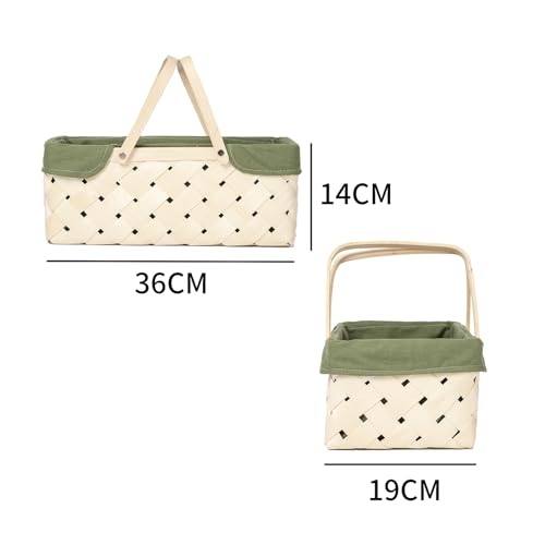 Picnic Basket with Handle，Natural Woodchip Basket with Washable Lining for Camping（14X7.5X5.5inches） (Green) - color: Green